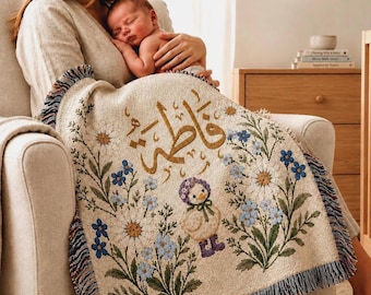 Personalized Arabic Baby Name Blanket for Girl, Arabic Calligraphy Name Blanket Islamic Baby Gift, Muslim Baby Woven Blanket, 100% Cotton