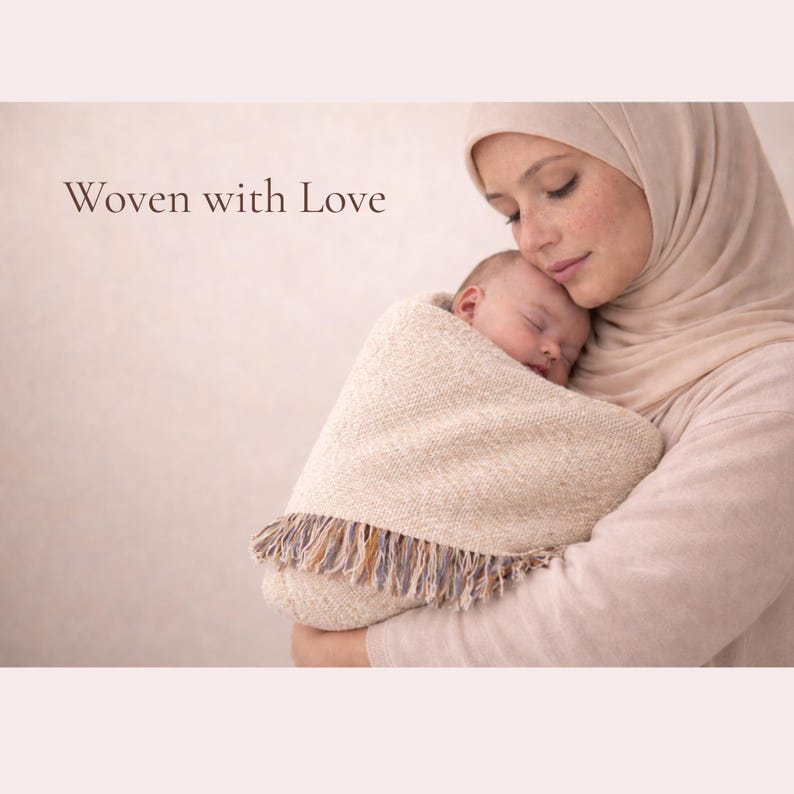 May include: A beige woven baby blanket with a fringed edge, wrapped around a sleeping infant. The blanket features a textured herringbone pattern and the text Woven with Love is printed in dark brown on the upper left side of the image.