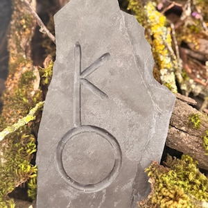 May include: A gray, irregularly shaped slate stone with a carved rune symbol. The symbol features a vertical line with a horizontal line and a circle at the bottom. The stone is set against a backdrop of moss and branches.