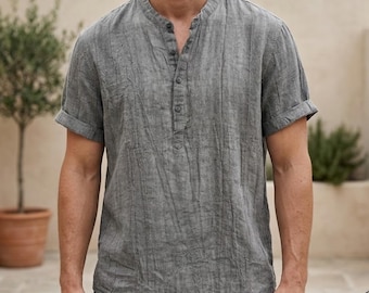 Herren Leinenhemd Kurzarm Henley - Atmungsaktives Sommer-Strandtop, lässige Pullover-Tunika, entspannte Passform, minimalistisches Resort Wear