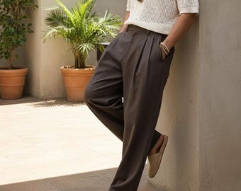 Men’s Pleated Wide Leg Trousers – Relaxed Fit Cotton Pants, Vintage Tailored Slacks, Summer Casual Streetwear