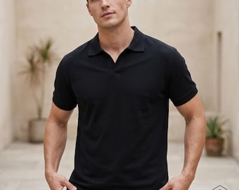 Herren Strick-Poloshirt - Kurzarm-Poloshirt aus Baumwollmischung, minimalistisches Sommershirt, Smart Casual Herrenbekleidung, klassisches schwarzes Aprikosen-Poloshirt