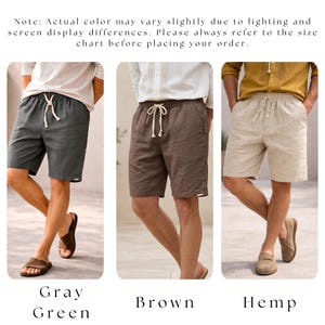 May include: Three pairs of linen shorts in gray-green, brown, and hemp colors. Each pair features a drawstring waist and a relaxed fit. The shorts are displayed on models, showcasing the different color options available.
