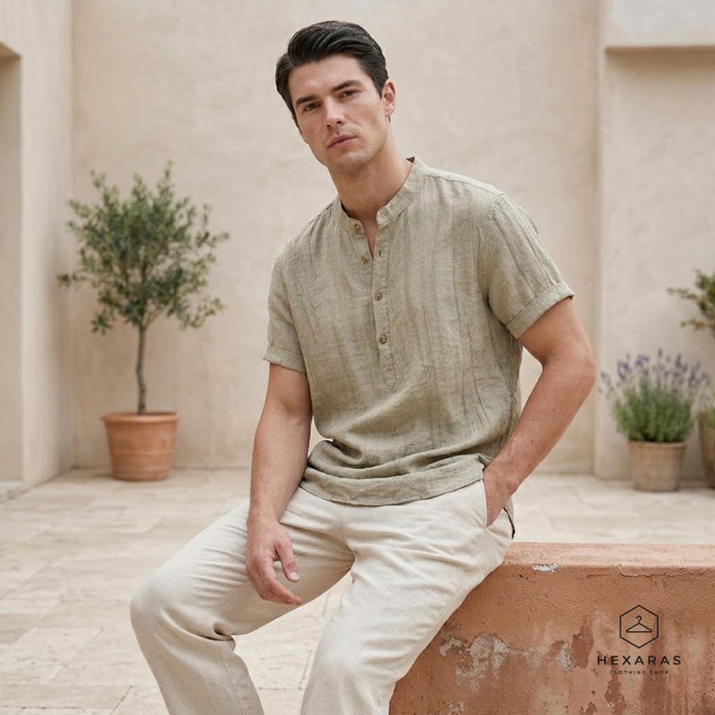 Mens khaki linen shirt styled for beach outfit, relaxed fit short sleeve summer top
