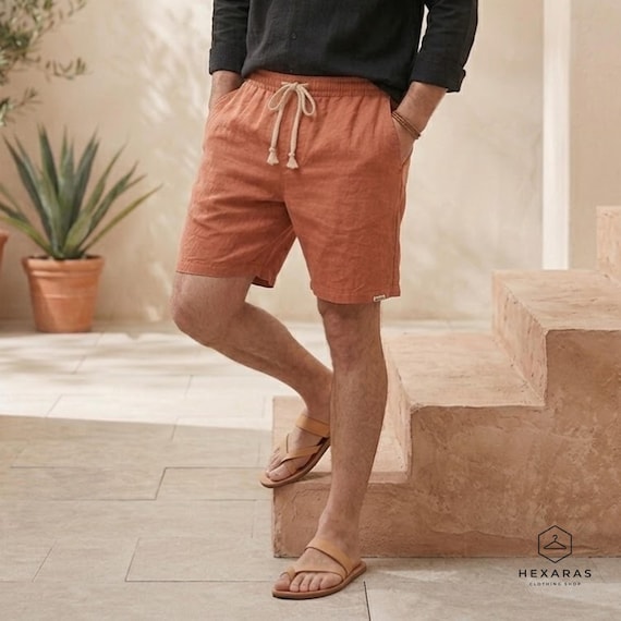 Casual Elastic Waist Shorts for Men – Breathable Summer Beach Shorts, Relaxed Fit Linen Blend, Lightweight Vacation Resort Wear Outfit