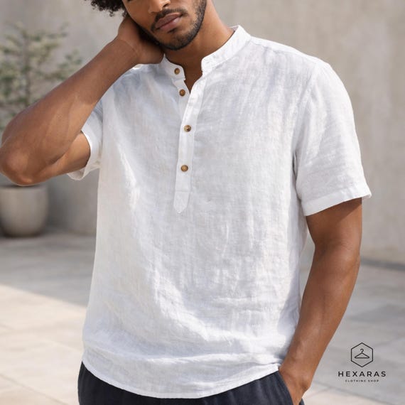 lightweight summer dress shirts Men's Casual Lightweight Shirt Button Down Long Sleeve Dress Shirts Summer Band Collar Beach Shirts