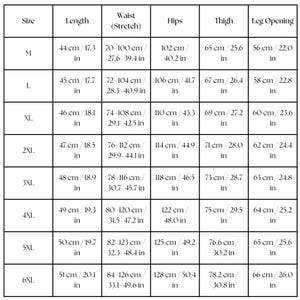 May include: A size chart for clothing, displaying measurements in both centimeters and inches. The chart includes sizes M through 6XL, with corresponding measurements for length, waist, hips, thigh, and leg opening.