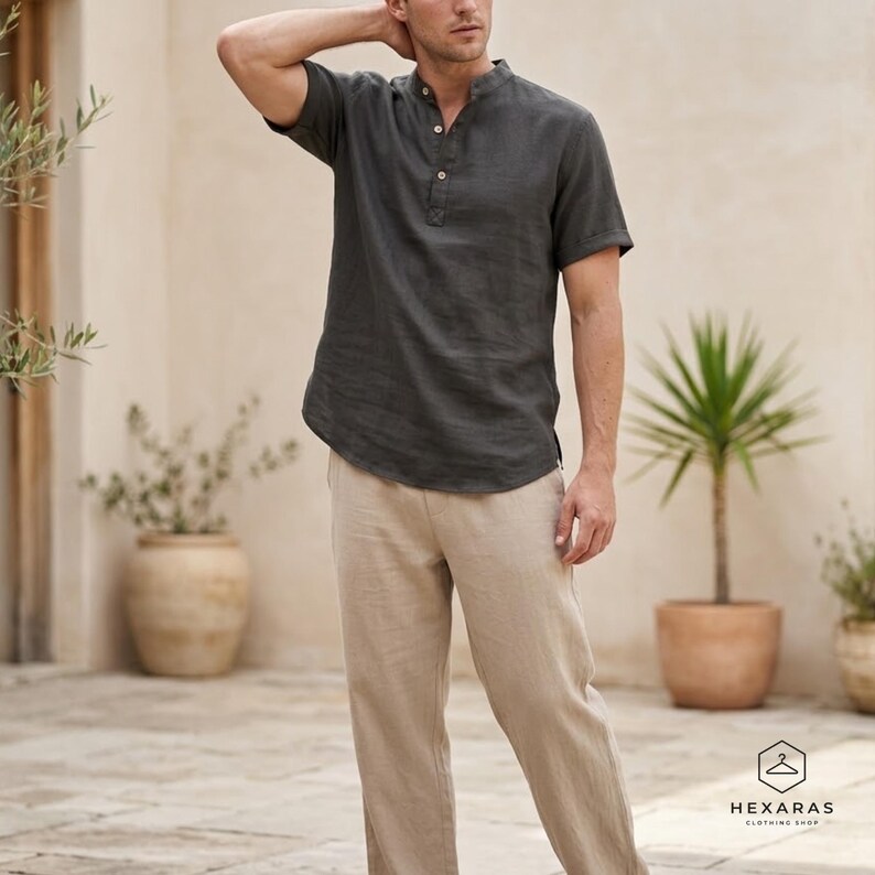 Casual mens black linen henley shirt breathable summer outfit with relaxed fit and neutral background