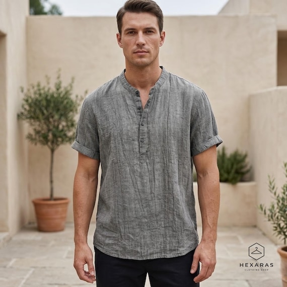 Mens Linen Shirt Short Sleeve Henley – Breathable Summer Beach Top, Casual Pullover Tunic, Relaxed Fit Minimalist Resort Wear