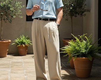 Linen Wide Leg Pants for Men – Pleated Summer Trousers, Relaxed Fit Casual Slacks, High Waist Vintage Style Pants