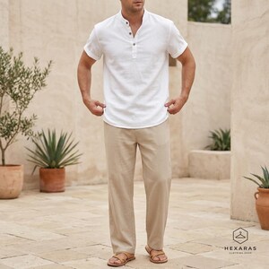 White linen henley shirt for men lightweight summer top with button placket and natural fabric texture