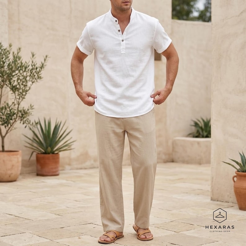 White linen henley shirt for men lightweight summer top with button placket and natural fabric texture