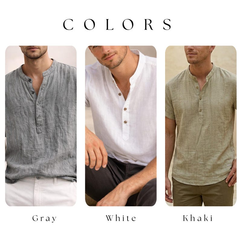 Mens Linen Shirt Short Sleeve Henley – Breathable Summer Beach Top, Casual Pullover Tunic, Relaxed Fit Minimalist Resort Wear image 2