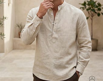 Elegante camisa de lino de manga larga para hombre – Cuello mandarín Henley, ropa informal de playa, top minimalista de verano