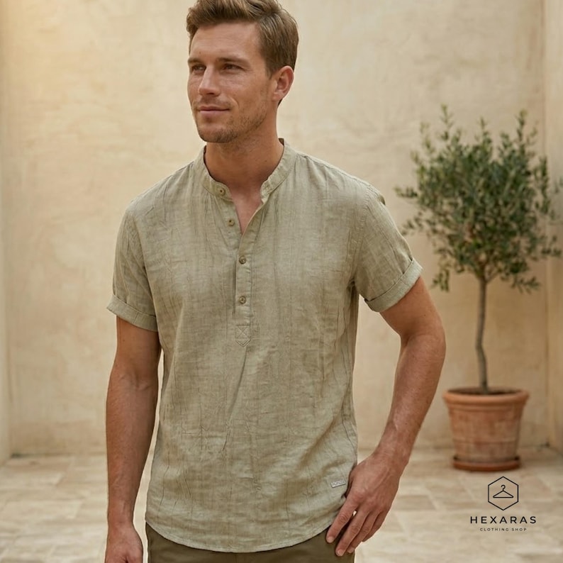 Close-up of breathable linen Henley shirt with button collar, lightweight summer menswear
