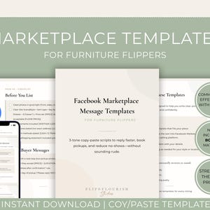 Puede incluir: Una maqueta de producto digital con plantillas para revendedores de muebles. El diseño incluye un teléfono inteligente, listas de verificación y plantillas de mensajes de Facebook Marketplace. El texto incluye "Marketplace Templates" y "Instant Download".