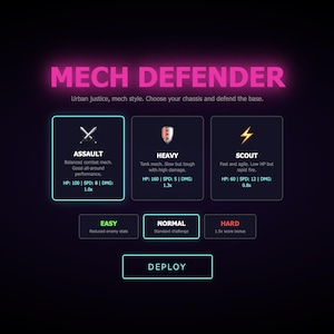 May include: A digital interface for a game called "MECH DEFENDER" with a dark background and neon text. The interface displays options for choosing a mech, including "Assault," "Heavy," and "Scout," along with difficulty settings and a "Deploy" button.