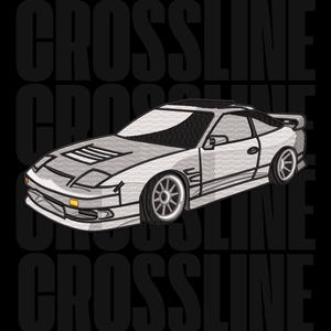 Puede incluir: Diseño bordado de un coche deportivo blanco con detalles en negro, incluyendo un alerón y ruedas personalizadas. El texto "CROSSLINE" se repite sobre un fondo negro. Tema automovilístico.