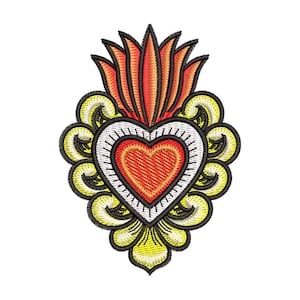 Puede incluir: Diseño bordado con un corazón estilizado con una parte superior en forma de llama. El corazón es rojo con un borde blanco, rodeado de elementos decorativos amarillos y negros. El diseño está sobre un fondo blanco.
