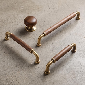 Walnut Wood Cabinet Pulls and Knob, Antique Brass Drawer Handles, Mid Century Kitchen Dresser Cupboard Wardrobe Furniture Hardware