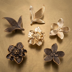 Può includere: Una collezione di sei pomelli in metallo per mobili con varie forme di fiori e foglie. Il set include tre pomelli con finitura oro lucido e tre pomelli con finitura bronzo scuro anticato, tutti caratterizzati da dettagliate texture in rilievo.