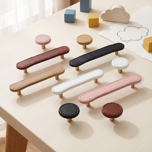 Handmade Leather Cabinet Handles & Drawer Pulls Set Modern Minimalist Stitched Leather Bar Handles Knobs for Kitchen Dresser Furniture Decor