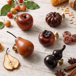 May include: A collection of wooden cabinet knobs shaped like fruits and vegetables, including a round apple, a ridged pumpkin, a smooth pear, and a dark gourd, each featuring a brass-toned metal base for mounting on furniture or cabinetry.