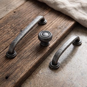Op de afbeelding: Twee metalen ladehandgrepen en één ronde kastknop met een verweerde, donkerzilveren afwerking. Het beslag heeft een gebogen ontwerp met ronde montagevoeten en vertoont een doorleefde, antiek ogende textuur op alle drie de onderdelen.