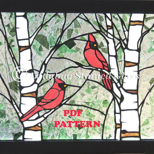 PATRON PDF pour panneau de vitrail « Cardinals au printemps » Patron pleine dimension 14 x 11 po