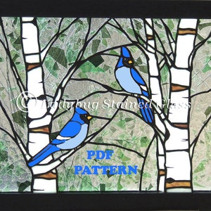 Gebrandschilderd glas Bluejays PATROON - &quot;Bluebirds in the Birches&quot; gebrandschilderd glaspaneel - directe digitale download