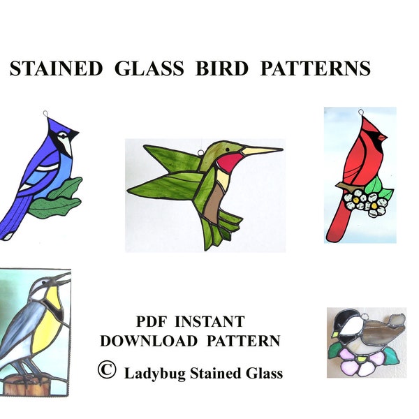 Stained Glass Bird PATTERNS - Patterns to Make 5 Bird Suncatchers - Blue Jay, Cardinal, Meadowlark, Hummingbird, Chickadee