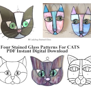 Cat Suncatcher Patterns for Stained Glass: Four Designs (PDF Digital Download)