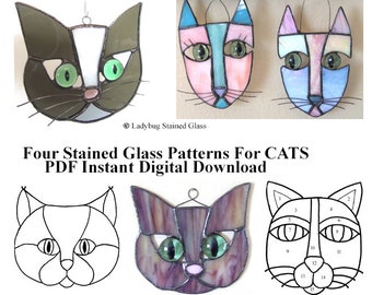 May include: Four stained glass cat patterns for crafting. The patterns include a black and white cat, a purple cat, a pink and blue cat, and a line drawing of a cat with numbered sections.