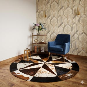 Rond runderleer patchwork vloerkleed – sterpatroon, natuurlijk behaard tapijt