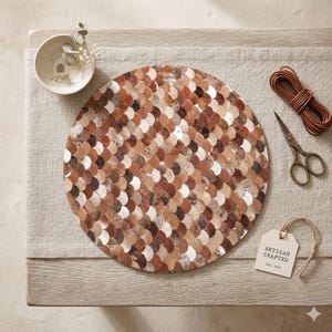 Handgemaakte ronde geschulpte koeienhuid patchwork tapijt natuurlijke bruine koeienhuid mozaïek kunst vloertapijt