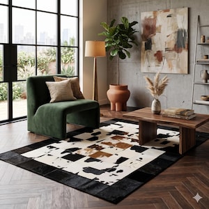 Handgemaakt koeienhuid patchwork vloerkleed – geometrisch geruit zwartwit vloerkleed