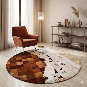 Könnte beinhalten: Ein runder Kuhfellteppich mit Patchwork-Design. Der Teppich weist eine Mischung aus braunen, beigen und weißen Quadraten und Flecken auf. Ein orangefarbener Sessel steht in der Nähe des Teppichs, mit einer Stehlampe und einem Holzregal im Hintergrund.