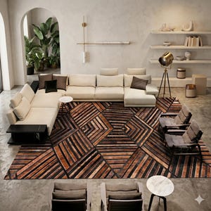 Könnte beinhalten: Ein modernes Wohnzimmer mit einem großen beigefarbenen Ecksofa, zwei Sesseln und einem geometrisch gemusterten Teppich in Braun- und Schwarztönen. Der Raum ist mit Pflanzen und einer stilvollen Stehlampe dekoriert.
