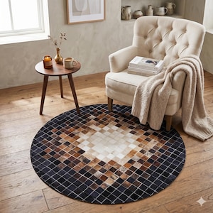 Handgemaakt rond koeienhuid patchwork tapijt natuurlijk bruin mozaïek koeienhuid tapijt modern decor