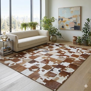 Handmade Brown and White Cowhide Patchwork Rug Modern Checkerboard Pattern Large Real Leather Carpet