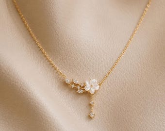 Gold Sakura Flower Necklace, Mother of Pearl Floral Pendant, Dainty CZ Charm Necklace, Minimalist Botanical Jewelry Gift for Women