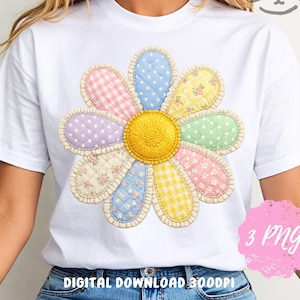 Paquete PNG de margaritas patchwork, diseño de sublimación de flores de patchwork vintage, gráfico de camiseta floral en tonos pastel, descarga digital de margaritas cottagecore
