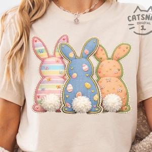 Osterhasen-Trio PNG, Pastell Applikation Patchwork Design, Preppy, Trendy Ostern, Boutique PNG, süße Hasen, Frühling Shirt digitaler Download