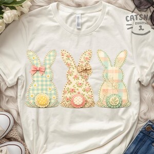 Easter PNG, Pastel Patchwork Bunny Trio Design, Easter Bunny, Dainty Floral, Cottagecore Spring Shirt, Preppy, Trendy Easter, Boutique PNG