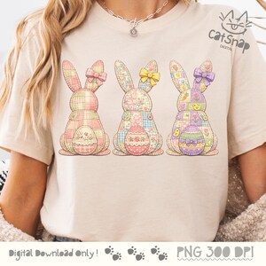 May include: Three Easter bunny designs with patchwork patterns and decorative bows. Each bunny holds a decorated egg. The bunnies are in pastel colors, with pink, yellow, and purple accents. The text "Digital Download Only!" is at the bottom.
