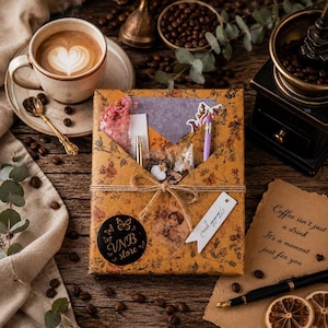 May include: A rectangular gift package wrapped in mustard yellow paper with a floral and butterfly pattern, tied with twine. It contains stationery items, a small dried flower bouquet, and a black sticker with the text VNB store.