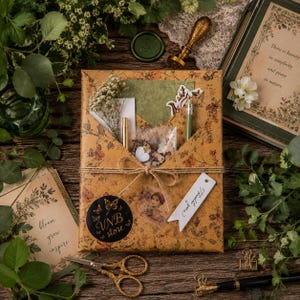 May include: A rectangular package wrapped in brown floral paper, tied with twine, and adorned with a black circular sticker featuring gold butterflies and the text VNB store. It includes a white thank you tag, dried flowers, and stationery items.
