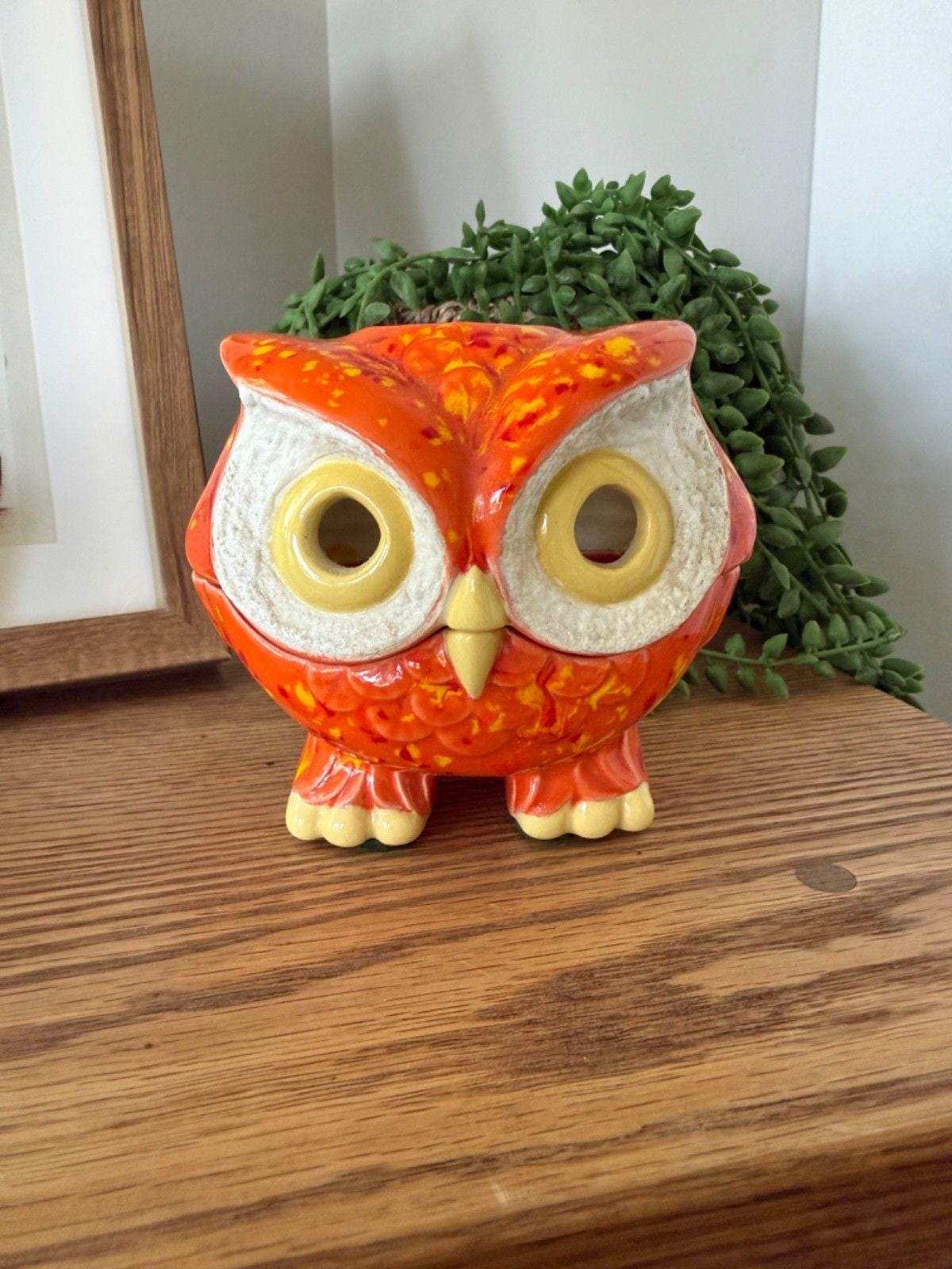 Vintage MCM Ceramic Owl Figurine, Tea Candle Holder, Orange and Yellow Glaze, 19