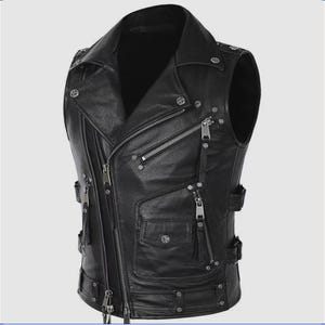 SA&RN Men’s Black Buffalo Leather Motorcycle Vest, Biker Sleeveless Waistcoat, Genuine Leather Riding Jacket, Patch Ready Vest