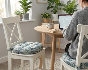 Blue Chair Cushion with Ties, Indoor Organic Soft Chair Pads, Gifts Remote Workers